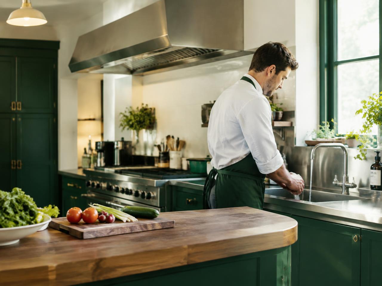 Chef washing hands in a clean professional kitchen